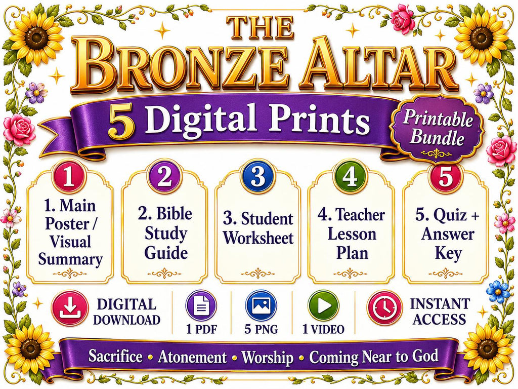 The Bronze Altar Bible Study Bundle, Tabernacle Poster, Worksheet, Teacher Lesson, Guide, Quiz, (PDF, PNG and MP4 Downloads)