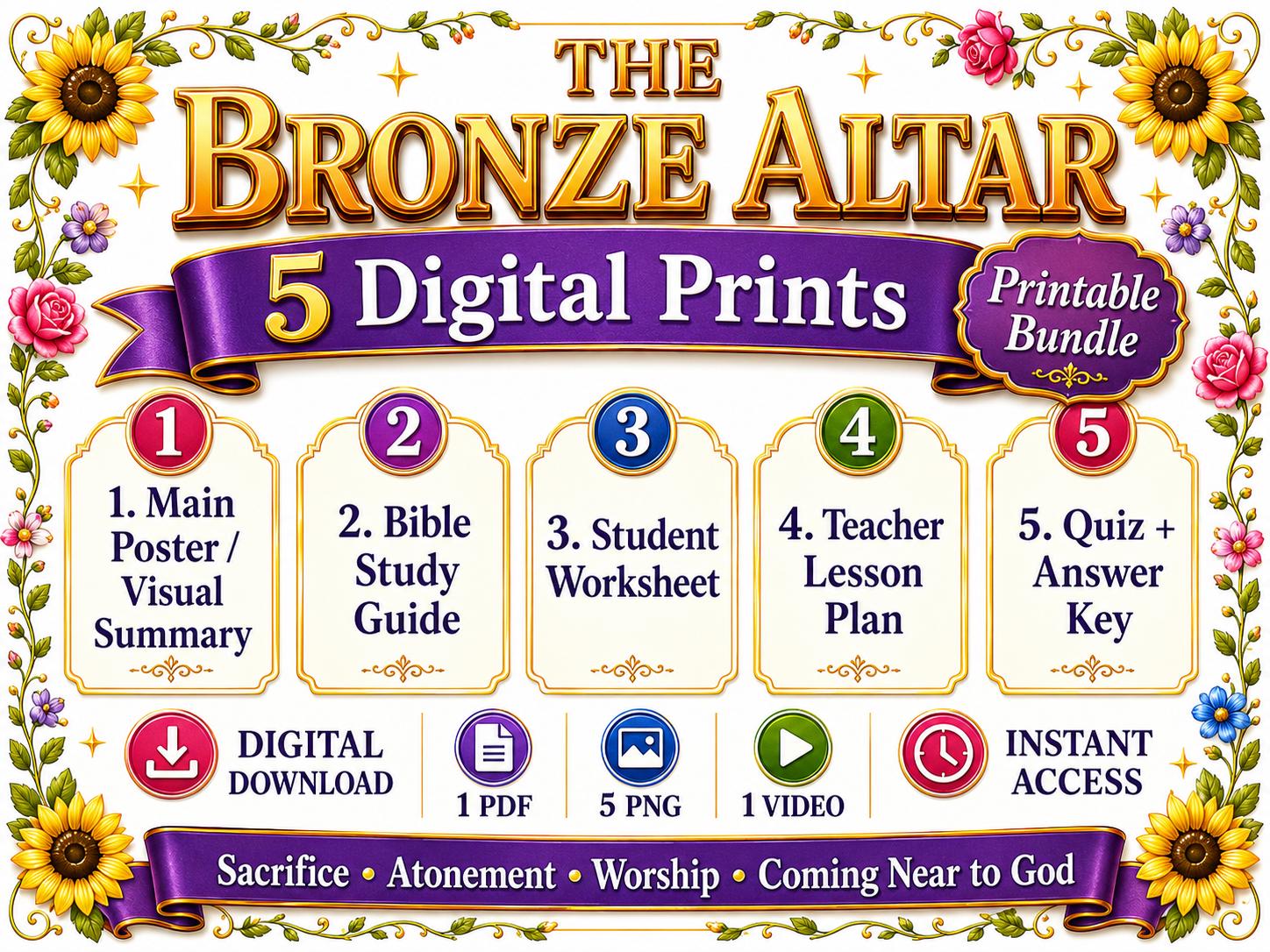 The Bronze Altar Bible Study Bundle, Tabernacle Poster, Worksheet, Teacher Lesson, Guide, Quiz, (PDF, PNG and MP4 Downloads)