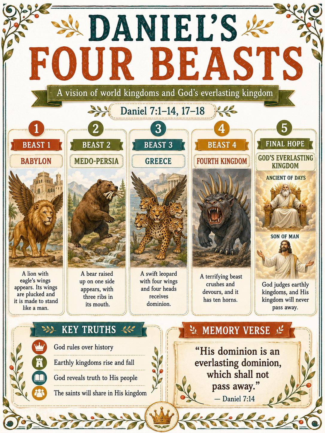 Daniel’s Four Beasts Bible Study Bundle, Poster, Worksheet, Teacher Lesson, Study Guide, Quiz, (PDF, PNG and MP4 Downloads)