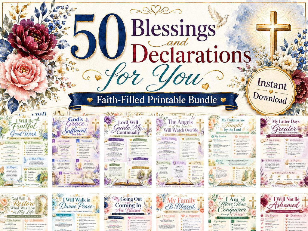 50 Bible Blessings and Declarations Printable, Christian Faith Affirmation Cards, Scripture Prayer Bundle