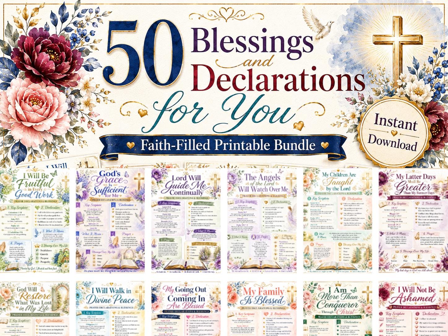 50 Bible Blessings and Declarations Printable, Christian Faith Affirmation Cards, Scripture Prayer Bundle