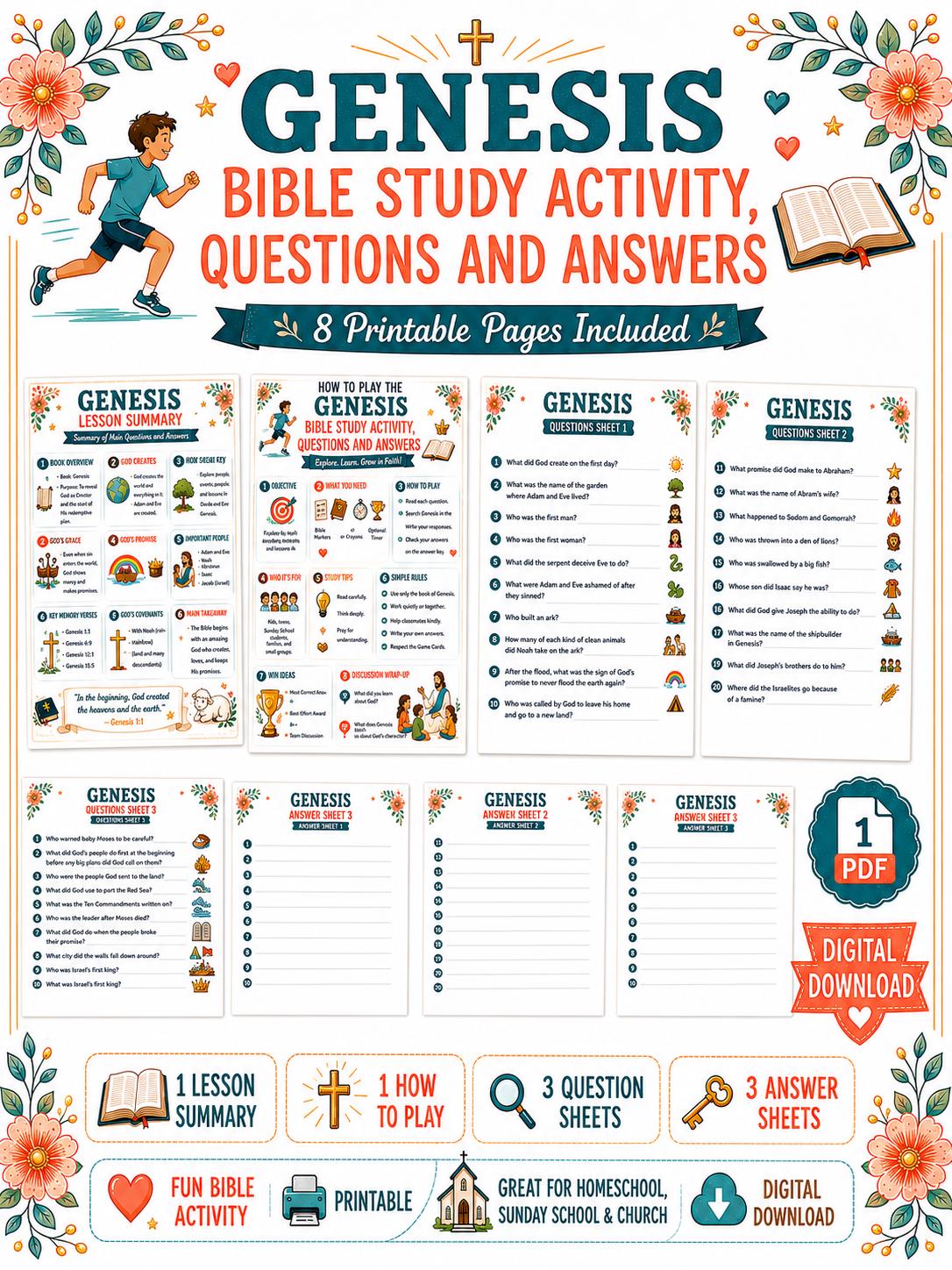 Book of Genesis Bible Study Activity Bundle, Questions and Answers, Printable Bible Game, Sunday School Worksheet, Homeschool (PDF Download)