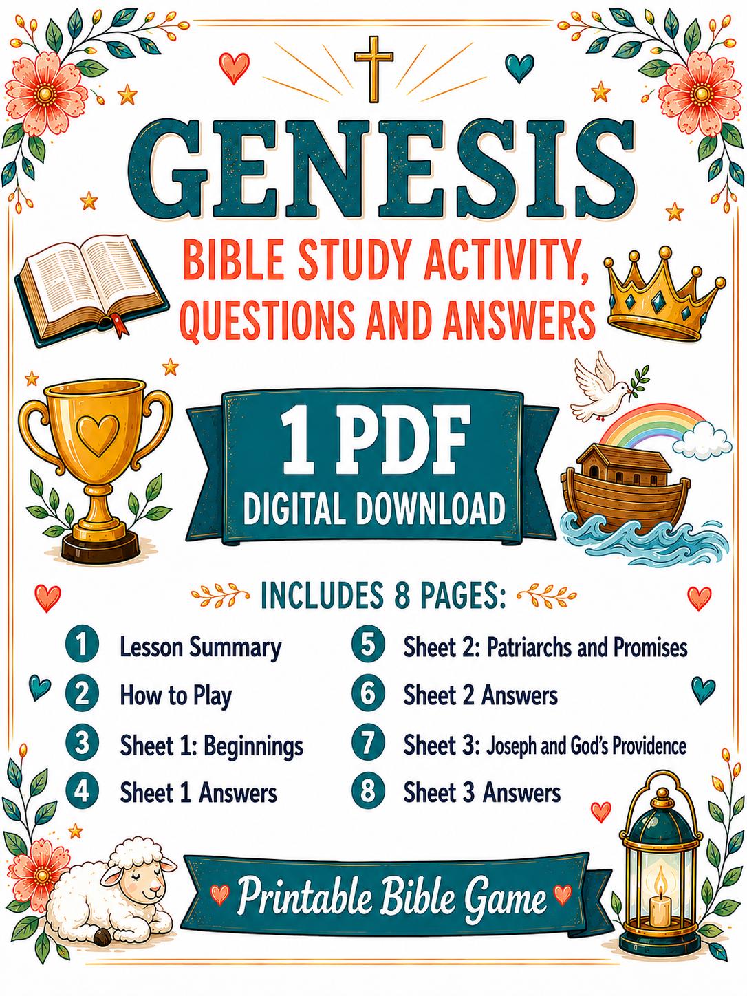 Book of Genesis Bible Study Activity Bundle, Questions and Answers, Printable Bible Game, Sunday School Worksheet, Homeschool (PDF Download)