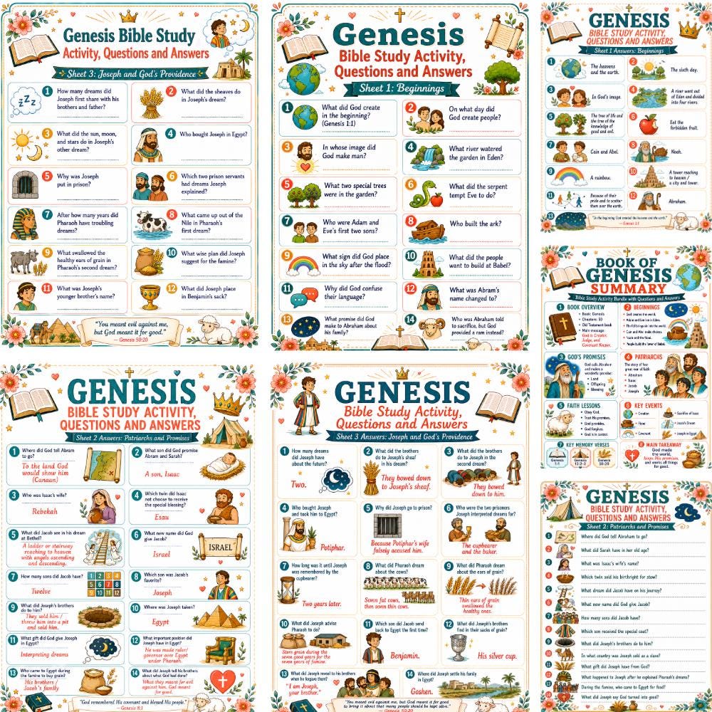 Book of Genesis Bible Study Activity Bundle, Questions and Answers, Printable Bible Game, Sunday School Worksheet, Homeschool (PDF Download)