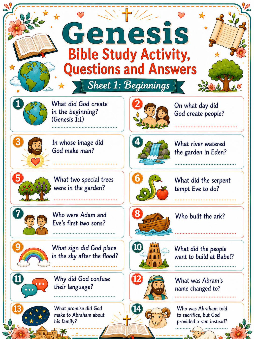 Book of Genesis Bible Study Activity Bundle, Questions and Answers, Printable Bible Game, Sunday School Worksheet, Homeschool (PDF Download)