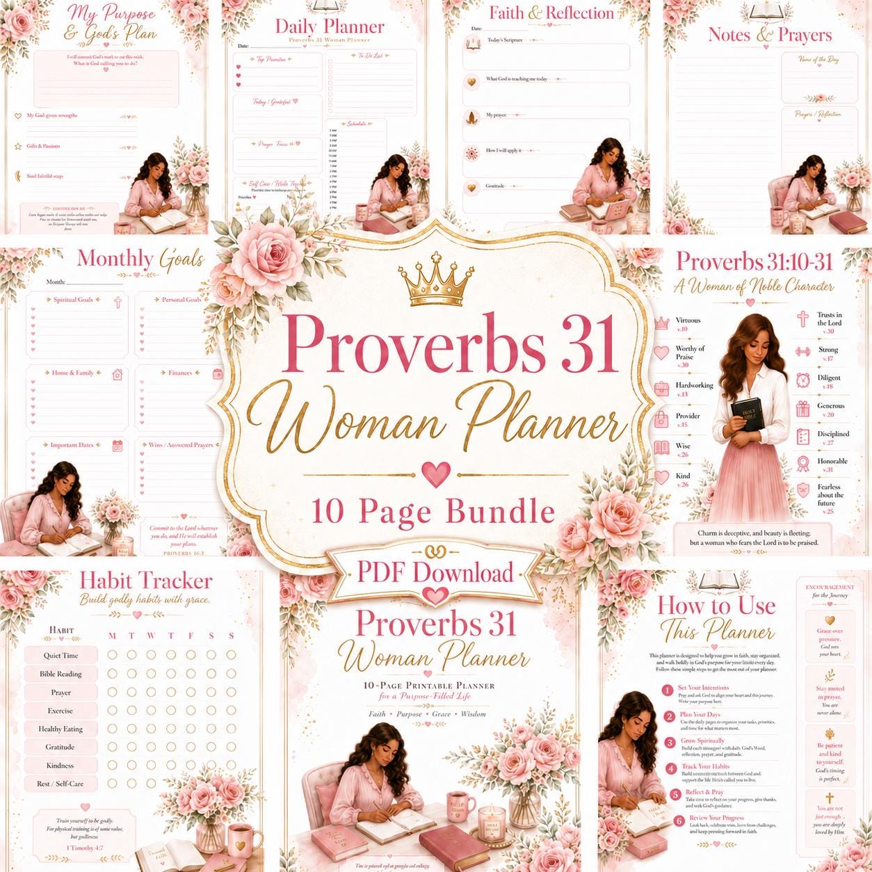 Proverbs 31 Woman Planner Printable,  Daily, Monthly,  Planner,  Journal, Habit Tracker, Prayer and Goal Planner (PDF 10 pages)