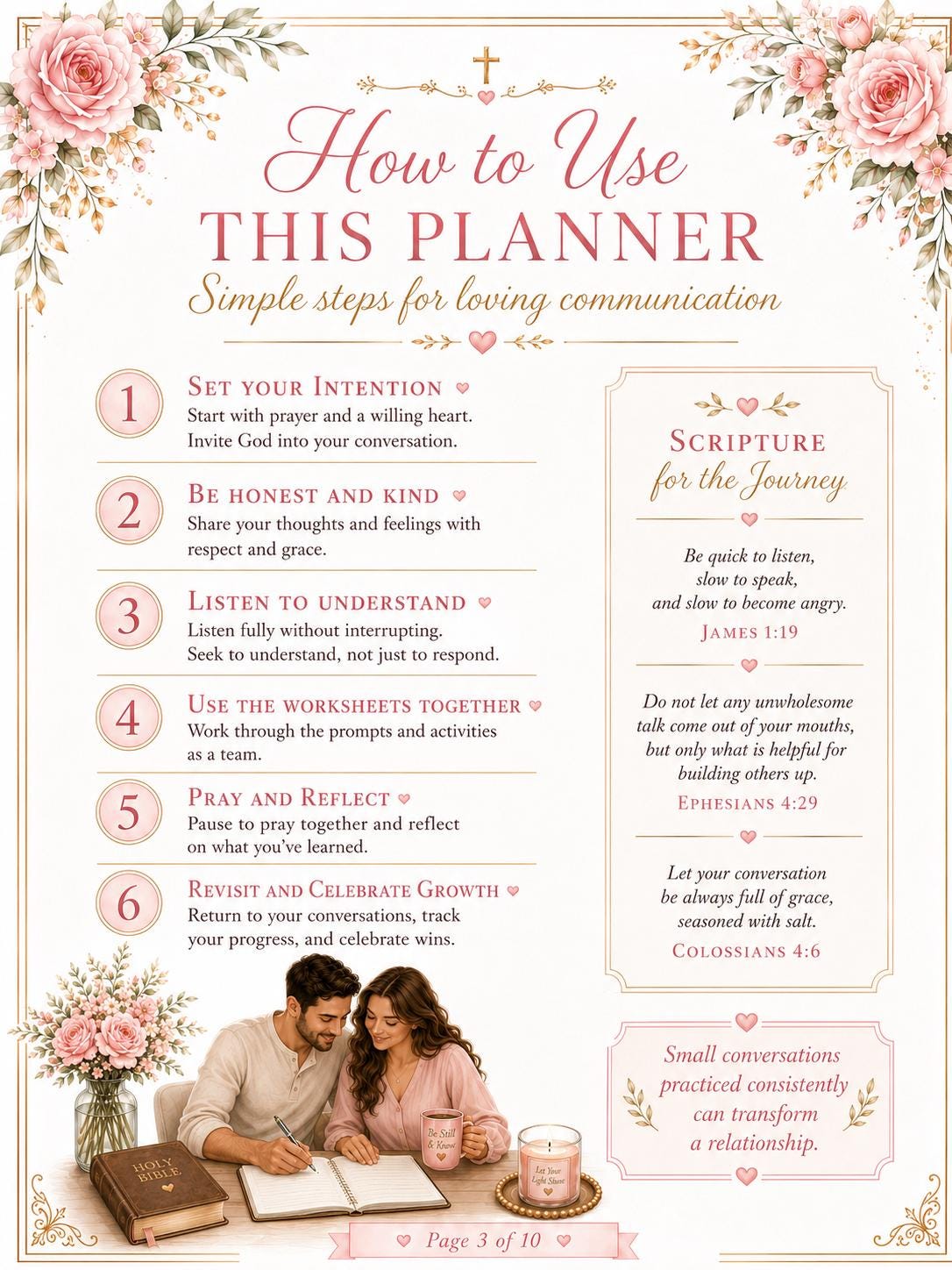 Couples Communication Planner and Workbook, Christian Marriage Worksheets, Active Listening, Relationship Check-In, (PDF Printable)