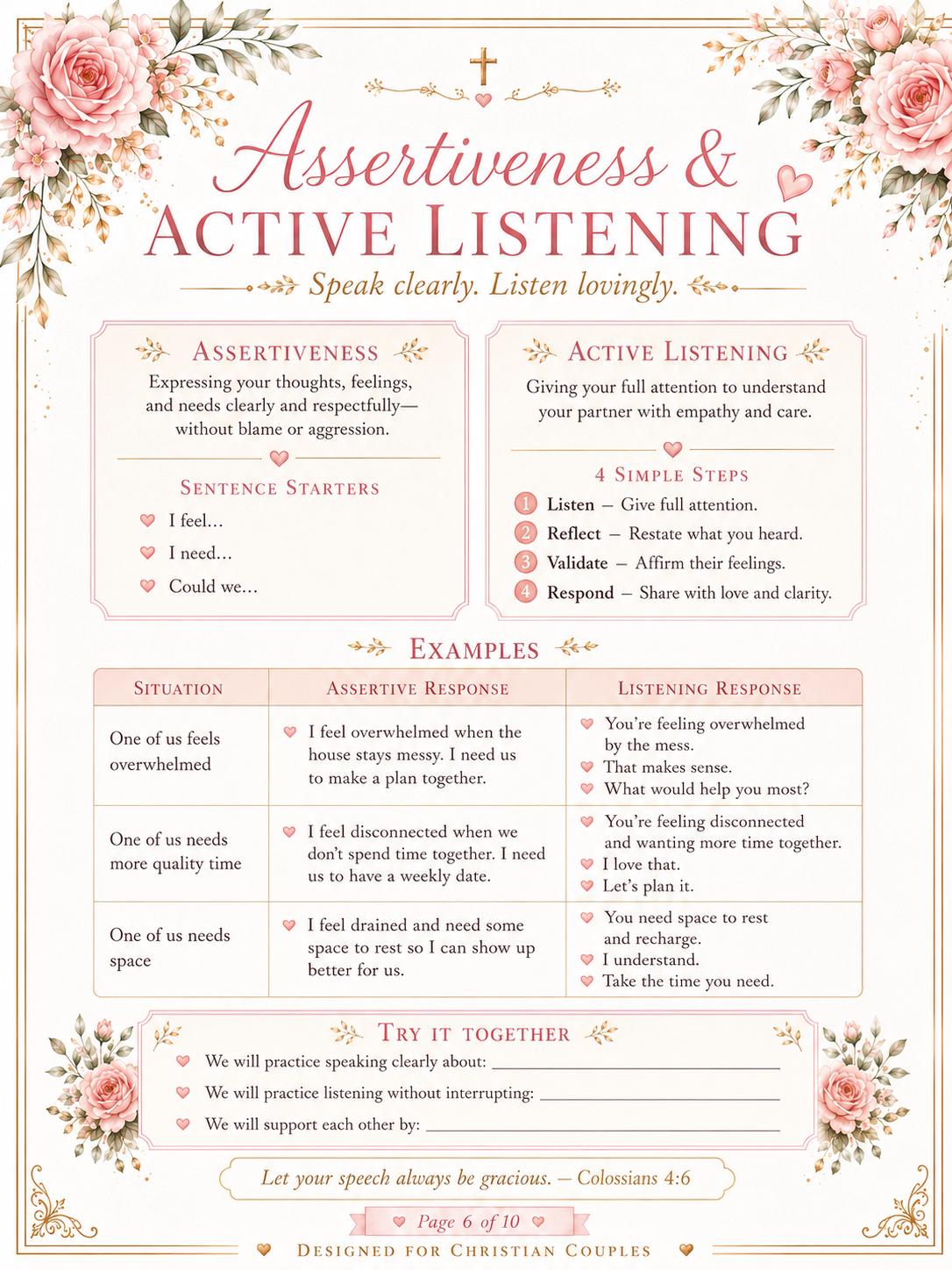 Couples Communication Planner and Workbook, Christian Marriage Worksheets, Active Listening, Relationship Check-In, (PDF Printable)