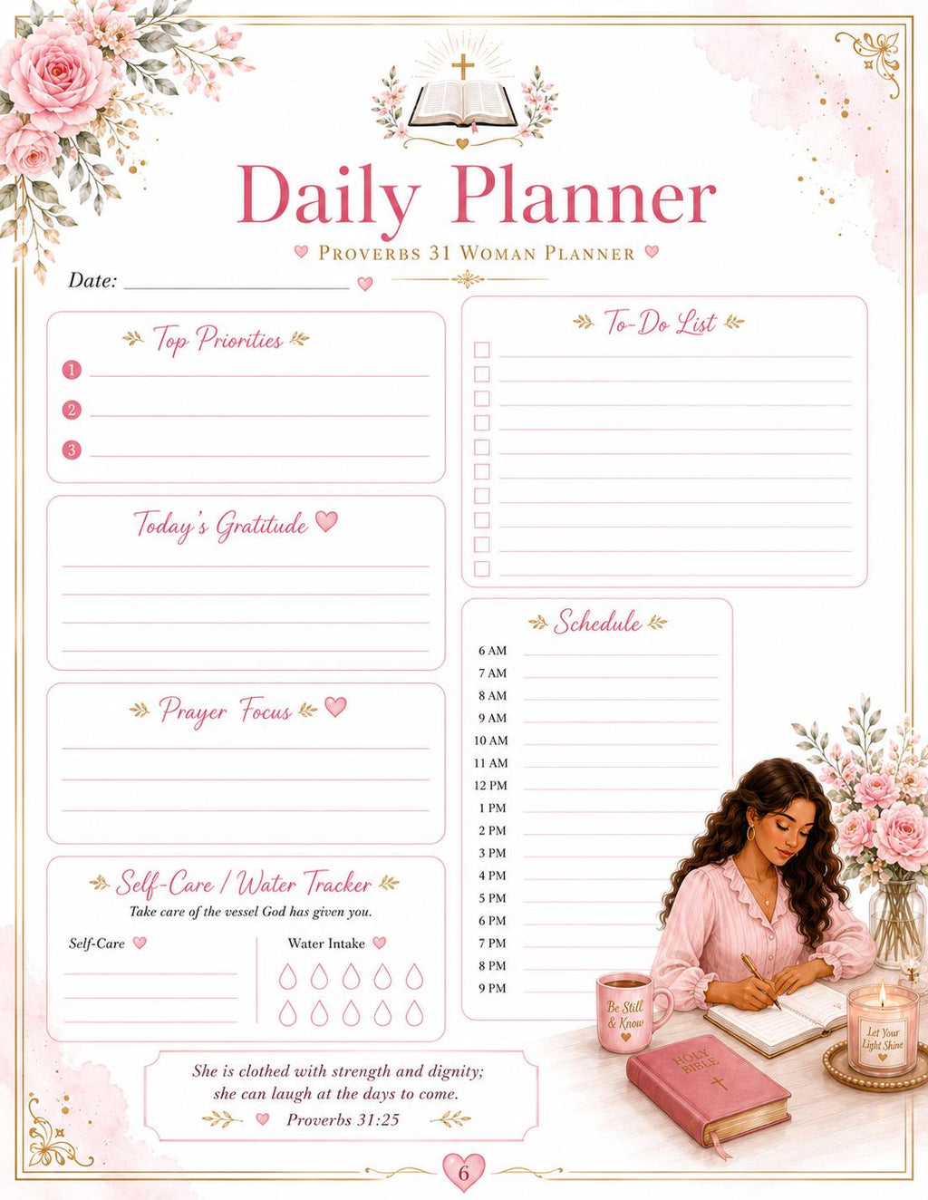 Proverbs 31 Woman Planner Printable,  Daily, Monthly,  Planner,  Journal, Habit Tracker, Prayer and Goal Planner (PDF 10 pages)