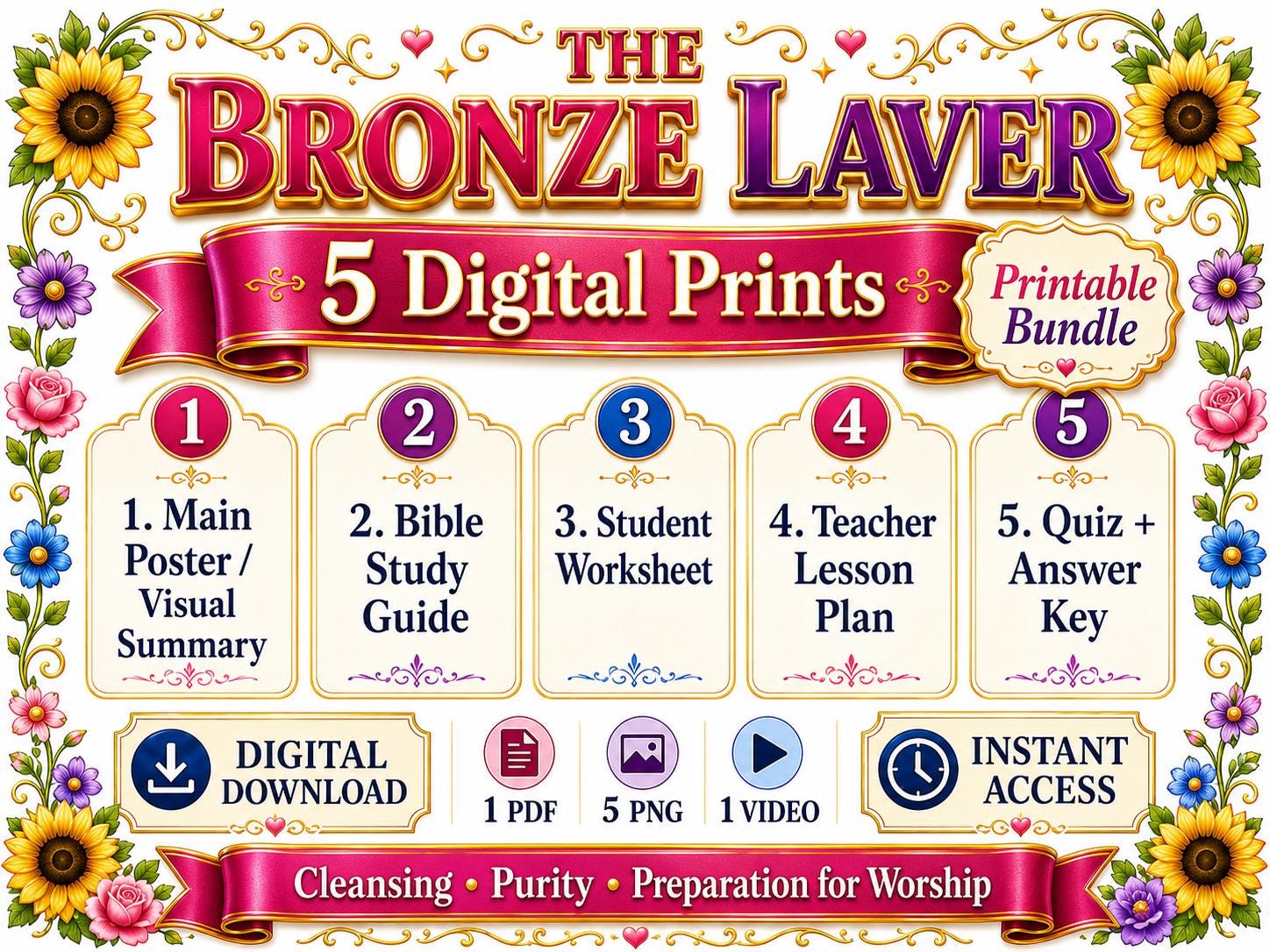 The Bronze Laver Bible Study Bundle, Tabernacle Printable Poster, Worksheet, Teacher Lesson Plan, Study Guide, Quiz, (PDF PNG MP4 Downloads)