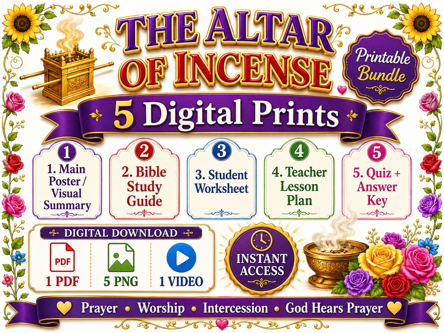 The Altar of Incense Bible Study Bundle, Tabernacle Printable Poster, Worksheet, Teacher Lesson Plan, Study Guide, Quiz, (PDF PNG MP4)