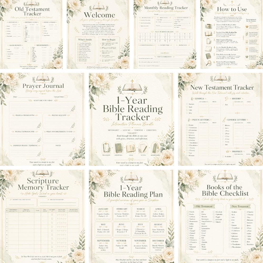 One Year Bible Reading Planner Printable PDF | Bible Reading Checklist, Old & New Testament Tracker, Scripture Tracker, Prayer Journal