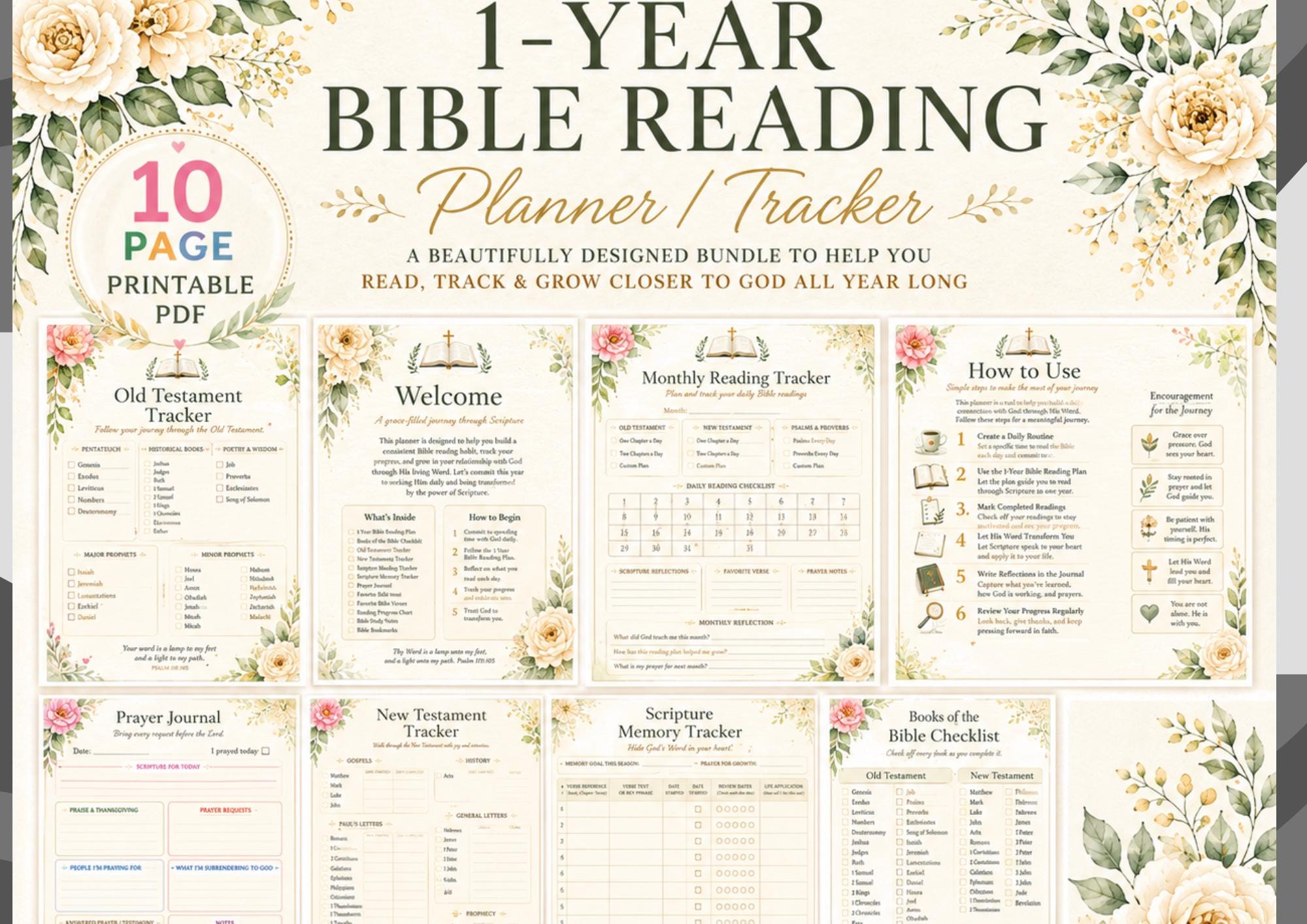 One Year Bible Reading Planner Printable PDF | Bible Reading Checklist, Old & New Testament Tracker, Scripture Tracker, Prayer Journal