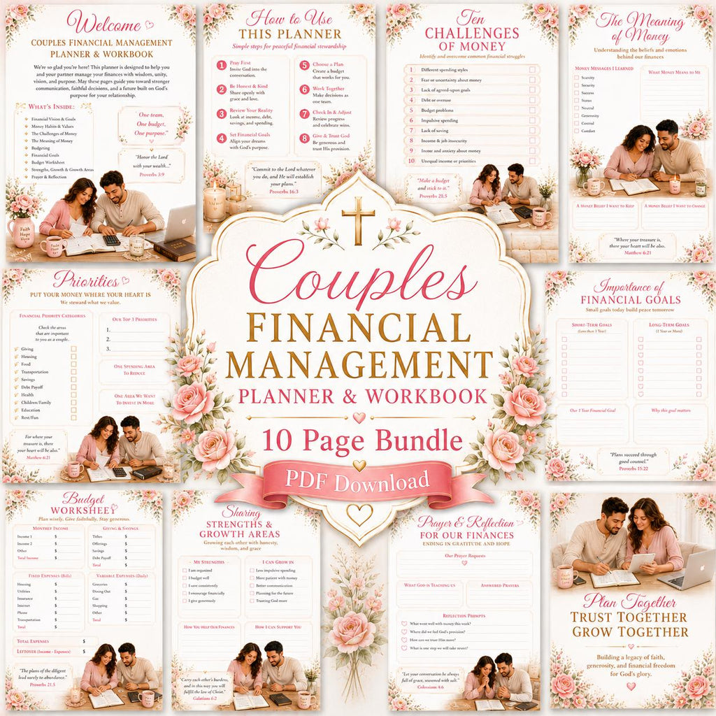 Couples Financial Management Planner and Workbook, Christian Budget Worksheet, Money Goals, Finance Checklists, 10 Page (PDF Download)
