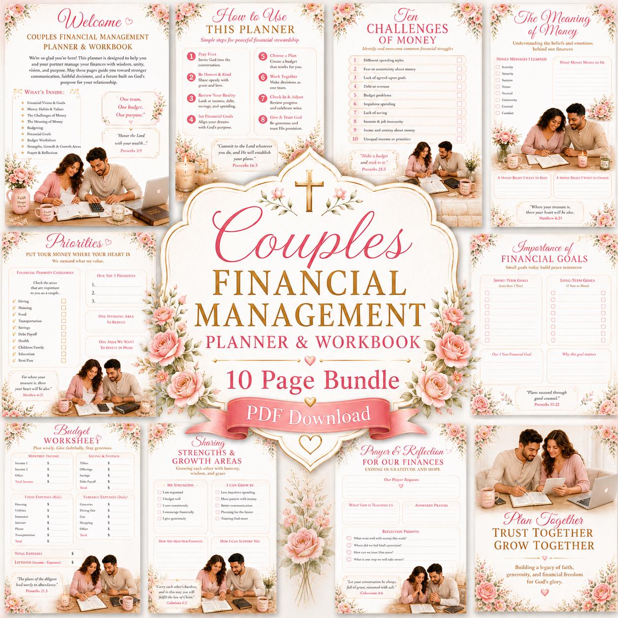 Couples Financial Management Planner and Workbook, Christian Budget Worksheet, Money Goals, Finance Checklists, 10 Page (PDF Download)