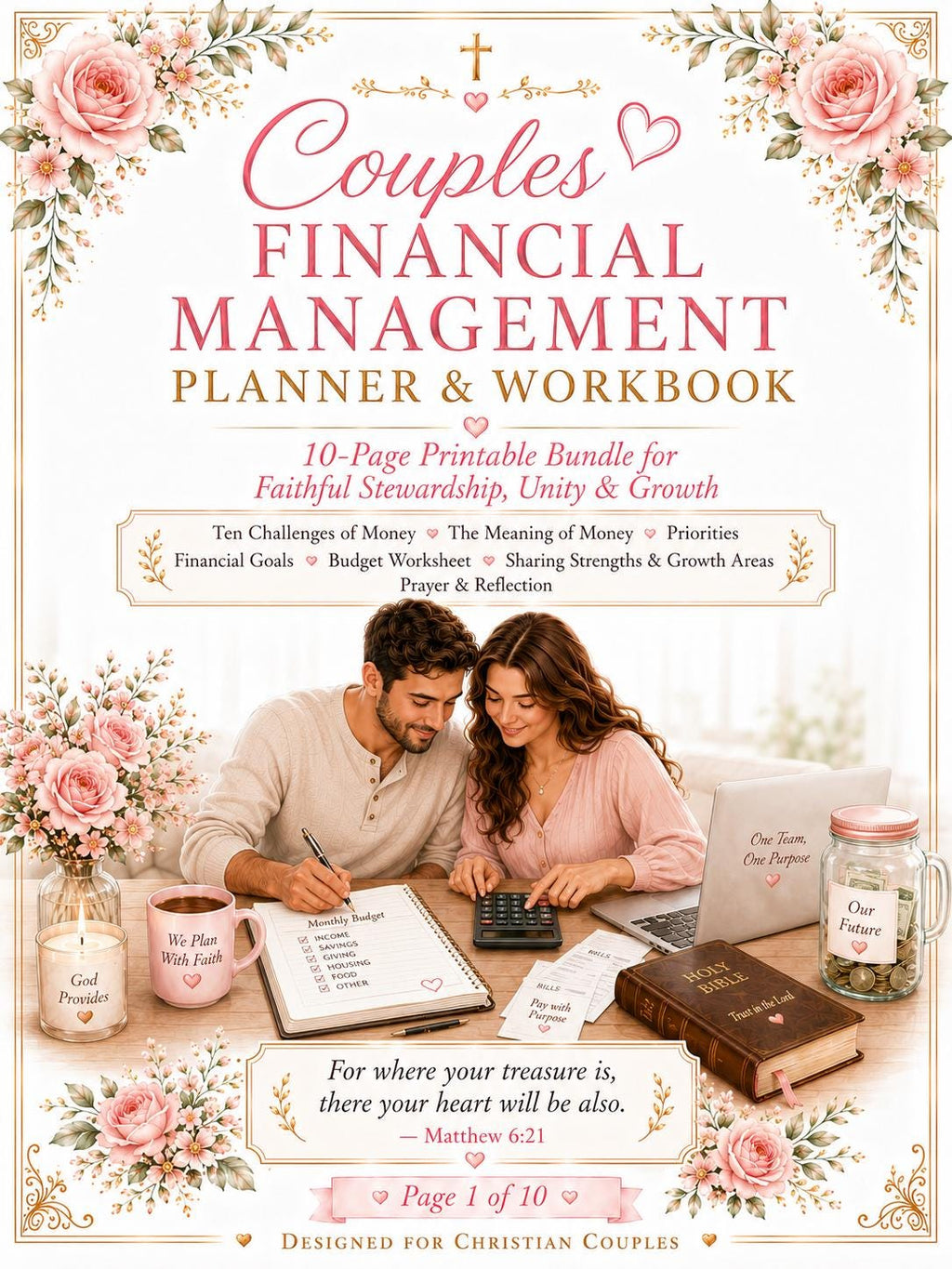 Couples Financial Management Planner and Workbook, Christian Budget Worksheet, Money Goals, Finance Checklists, 10 Page (PDF Download)