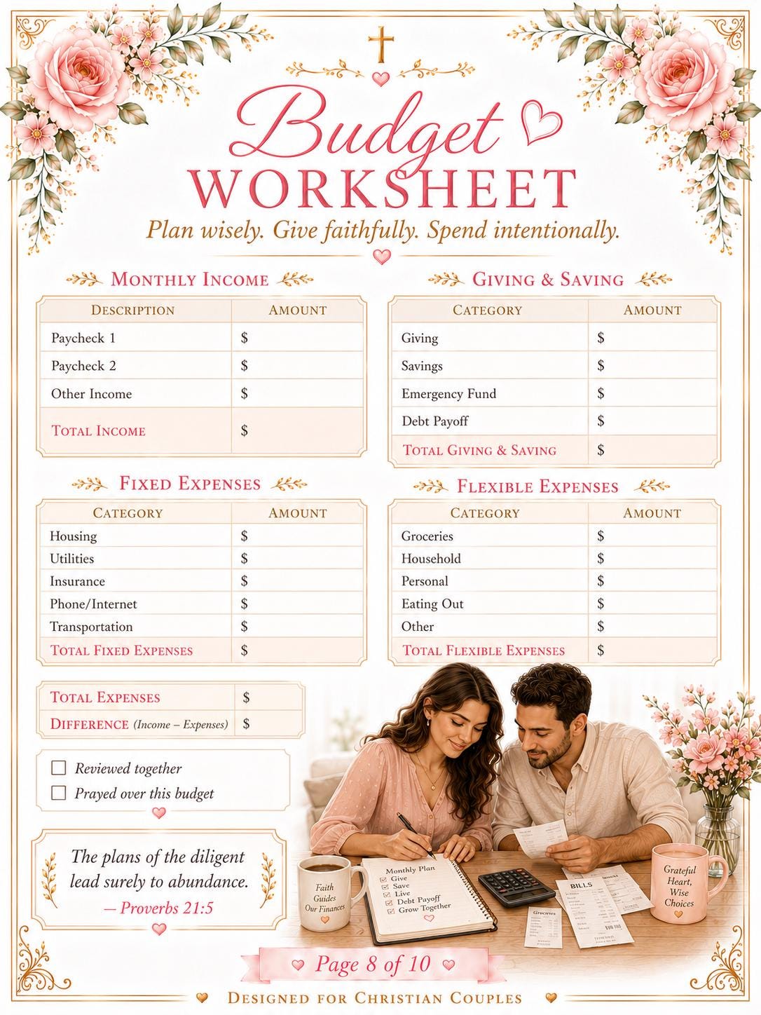 Couples Financial Management Planner and Workbook, Christian Budget Worksheet, Money Goals, Finance Checklists, 10 Page (PDF Download)