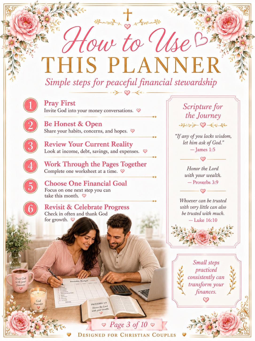 Couples Financial Management Planner and Workbook, Christian Budget Worksheet, Money Goals, Finance Checklists, 10 Page (PDF Download)