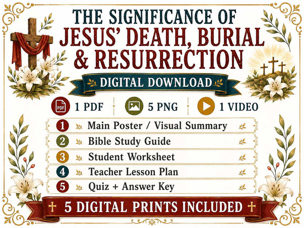 The Significance of Jesus’ Death, Burial and Resurrection Bible Study Bundle, Poster, Worksheet, Teacher Lesson, Guide, Quiz, PDF, PNG, MP4