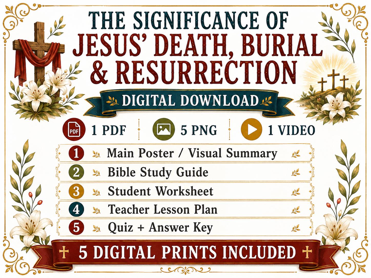 The Significance of Jesus’ Death, Burial and Resurrection Bible Study Bundle, Poster, Worksheet, Teacher Lesson, Guide, Quiz, PDF, PNG, MP4