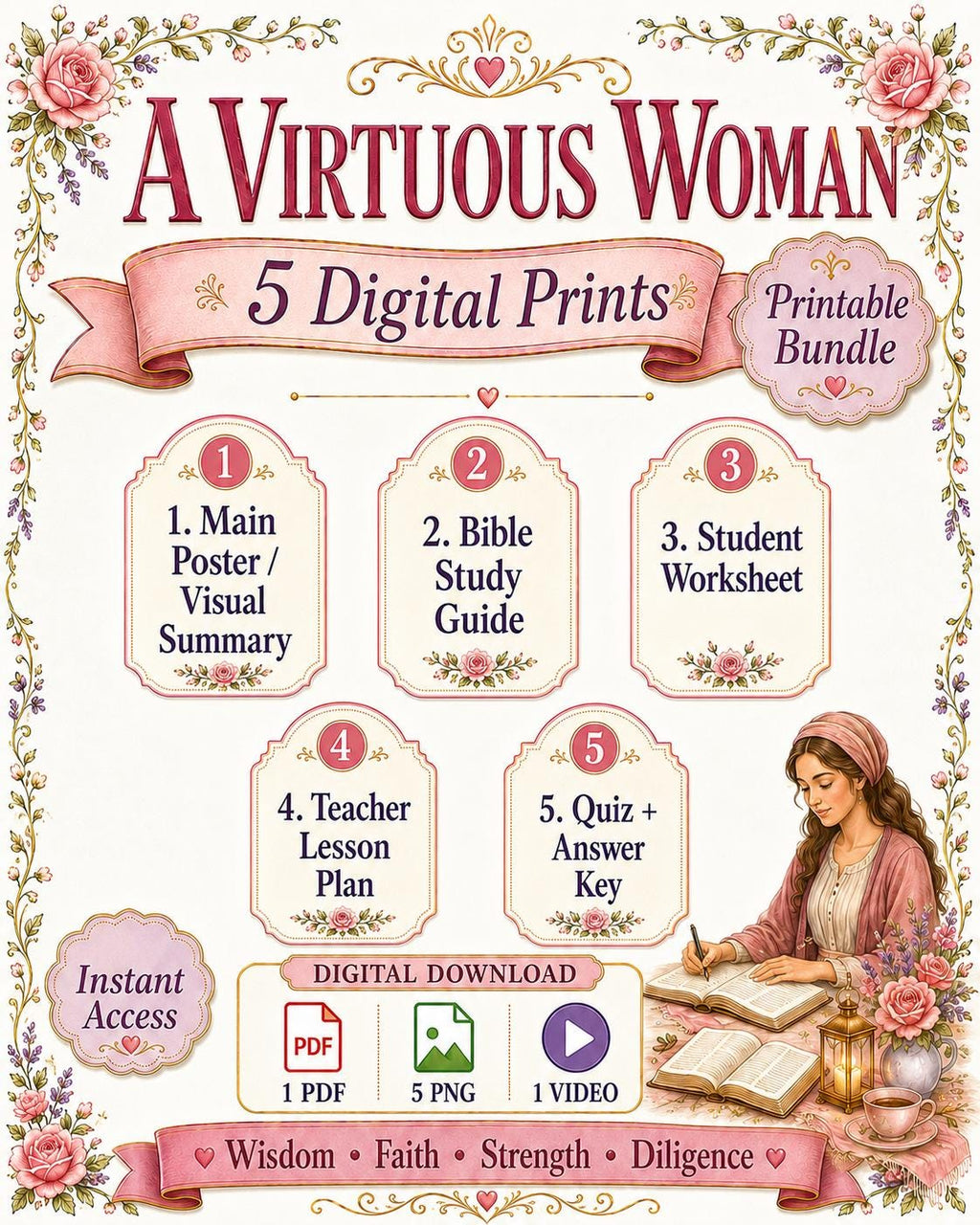 A Virtuous Woman Proverbs 31 Bible Study Bundle, Poster, Worksheet, Teacher Lesson, Guide, Quiz, Prayer Journal (PDF, PNG and MP4 Downloads)