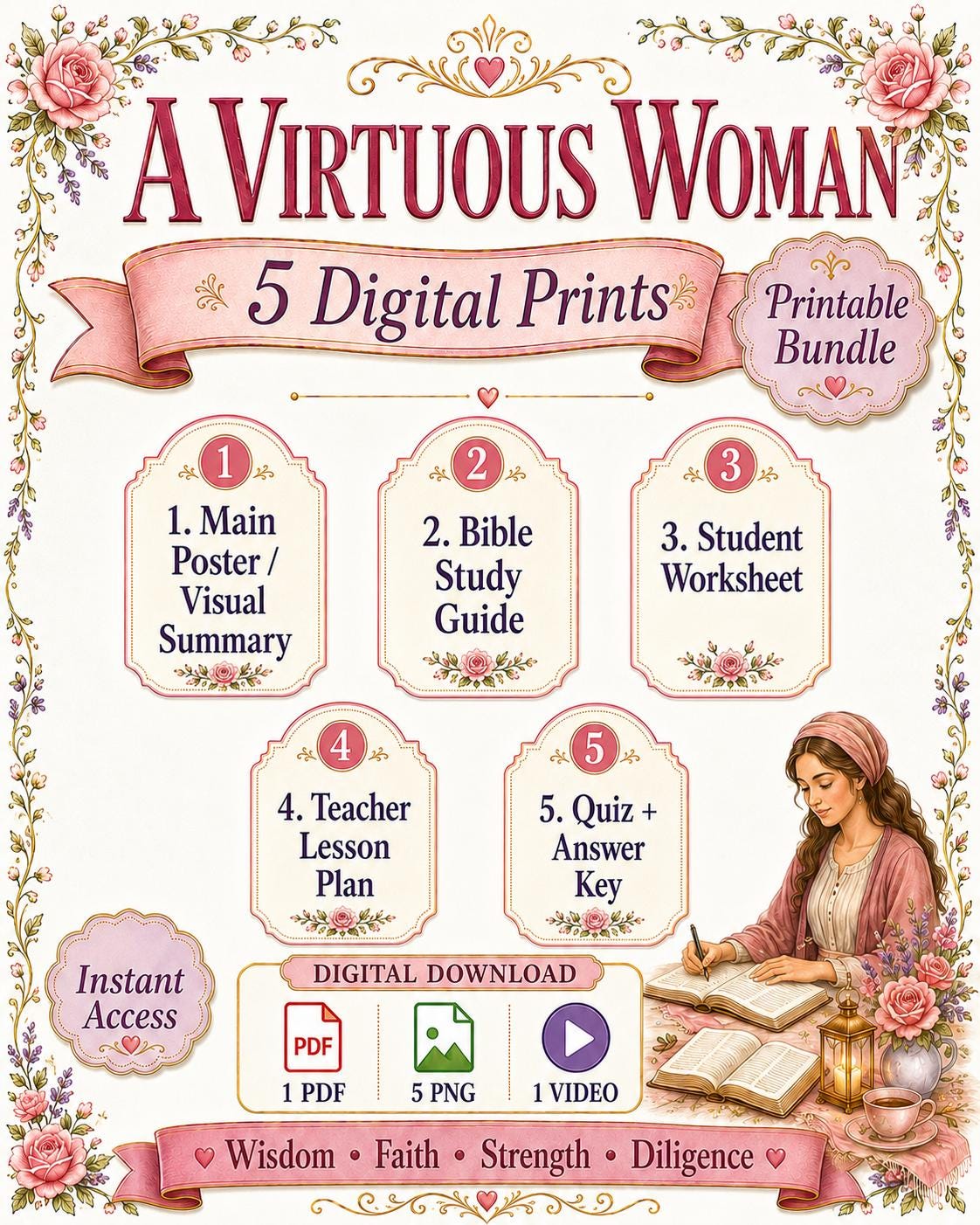 A Virtuous Woman Proverbs 31 Bible Study Bundle, Poster, Worksheet, Teacher Lesson, Guide, Quiz, Prayer Journal (PDF, PNG and MP4 Downloads)