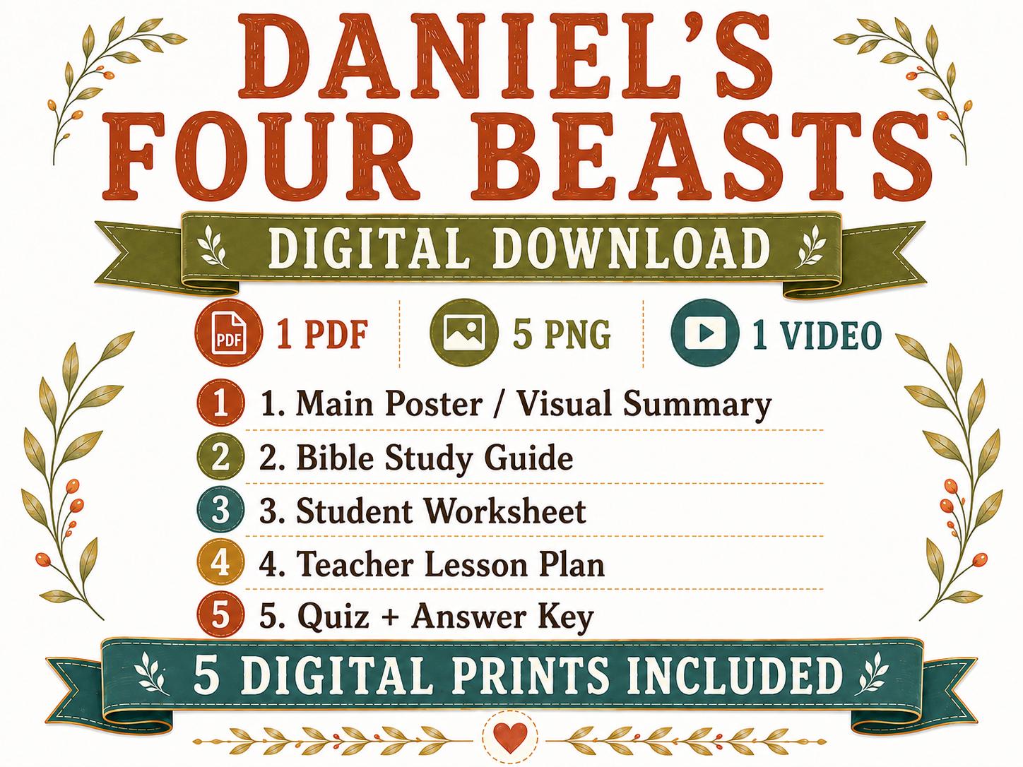 Daniel’s Four Beasts Bible Study Bundle, Poster, Worksheet, Teacher Lesson, Study Guide, Quiz, (PDF, PNG and MP4 Downloads)