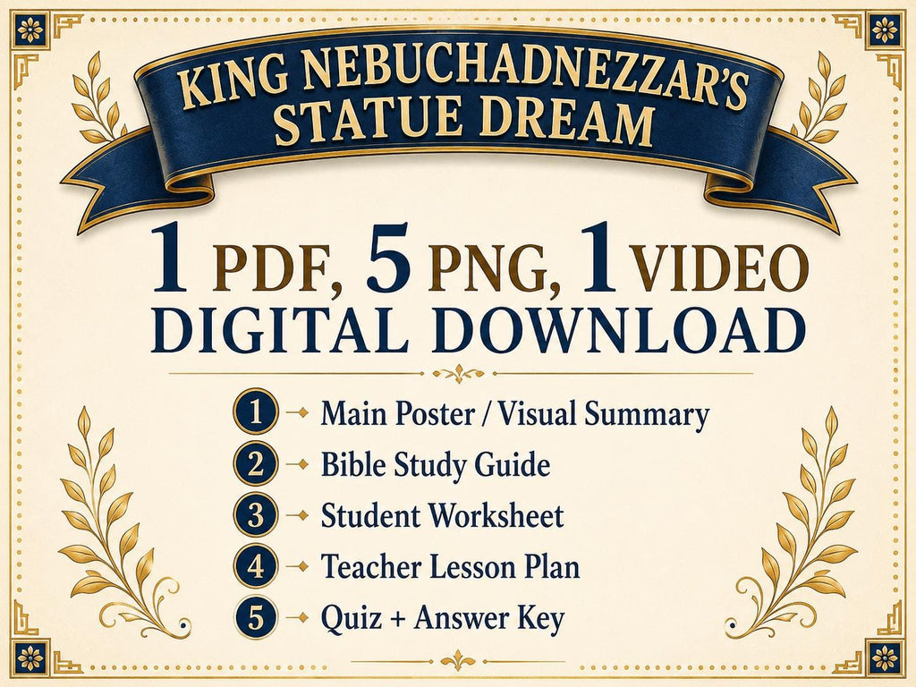 King Nebuchadnezzar’s Statue Dream and Interpretation Bible Study Bundle, Poster, Worksheet, Teacher Lesson, Guide, Quiz (PDF, PNG and MP4 )