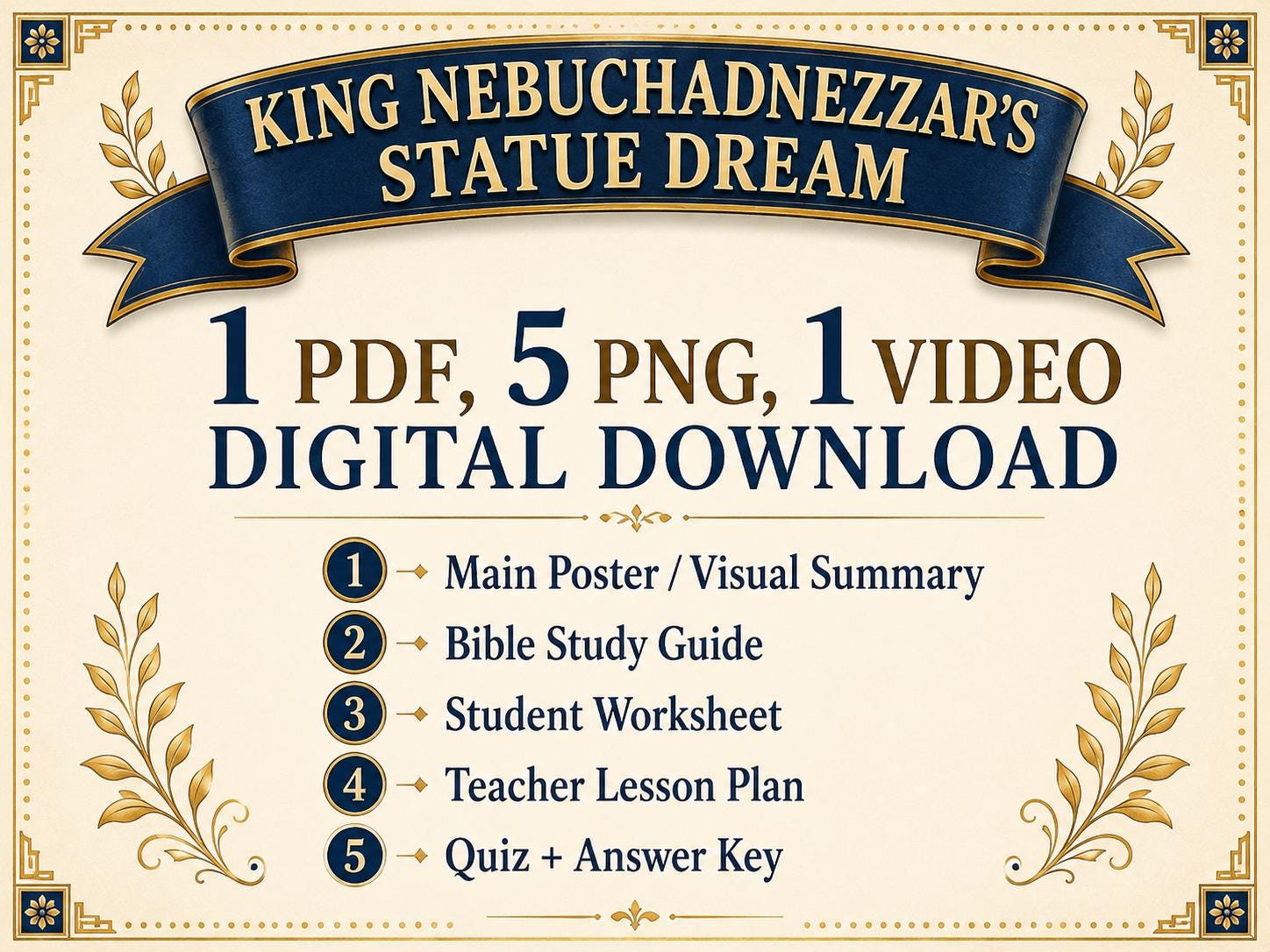 King Nebuchadnezzar’s Statue Dream and Interpretation Bible Study Bundle, Poster, Worksheet, Teacher Lesson, Guide, Quiz (PDF, PNG and MP4 )