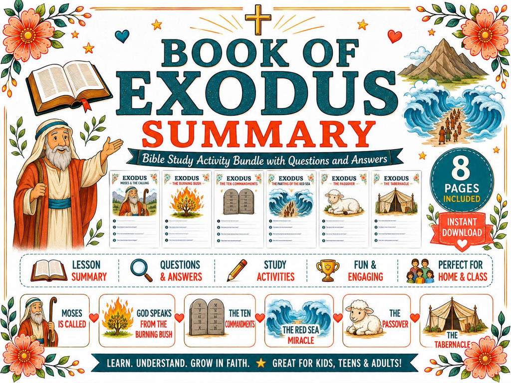 Exodus Bible Study Activity Bundle, Questions and Answers, Printable Bible Game, Worksheet, Lesson Summary, PDF Digital Download