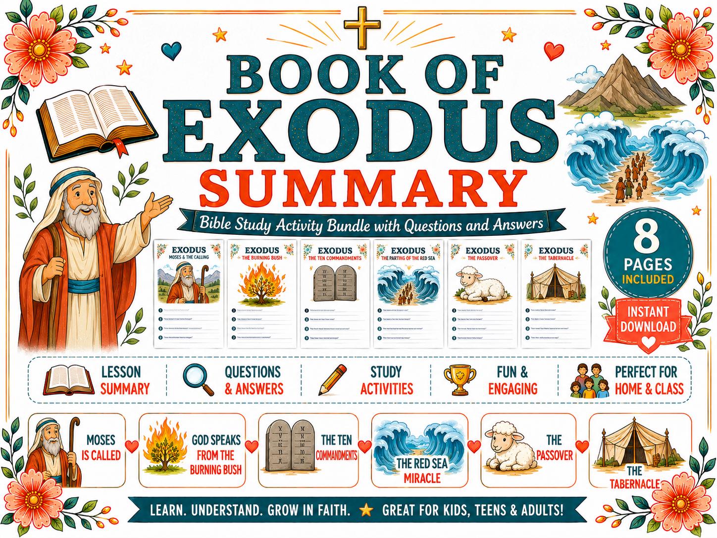 Exodus Bible Study Activity Bundle, Questions and Answers, Printable Bible Game, Worksheet, Lesson Summary, PDF Digital Download