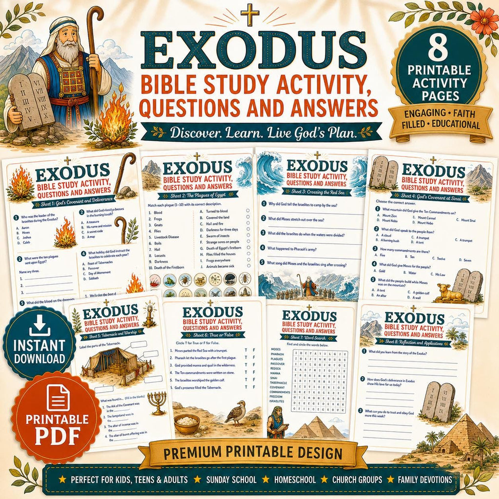 Exodus Bible Study Activity Bundle, Questions and Answers, Printable Bible Game, Worksheet, Lesson Summary, PDF Digital Download