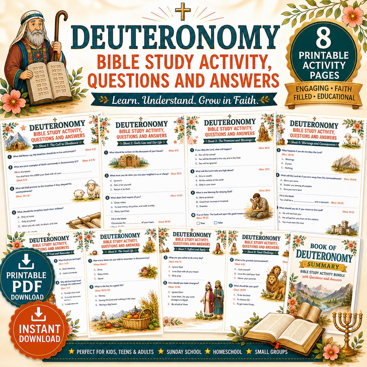 Deuteronomy Bible Study Workbook Bundle, Printable Activity Pages, Questions and Answers, Christian Bible Lessons, PDF Instant Download