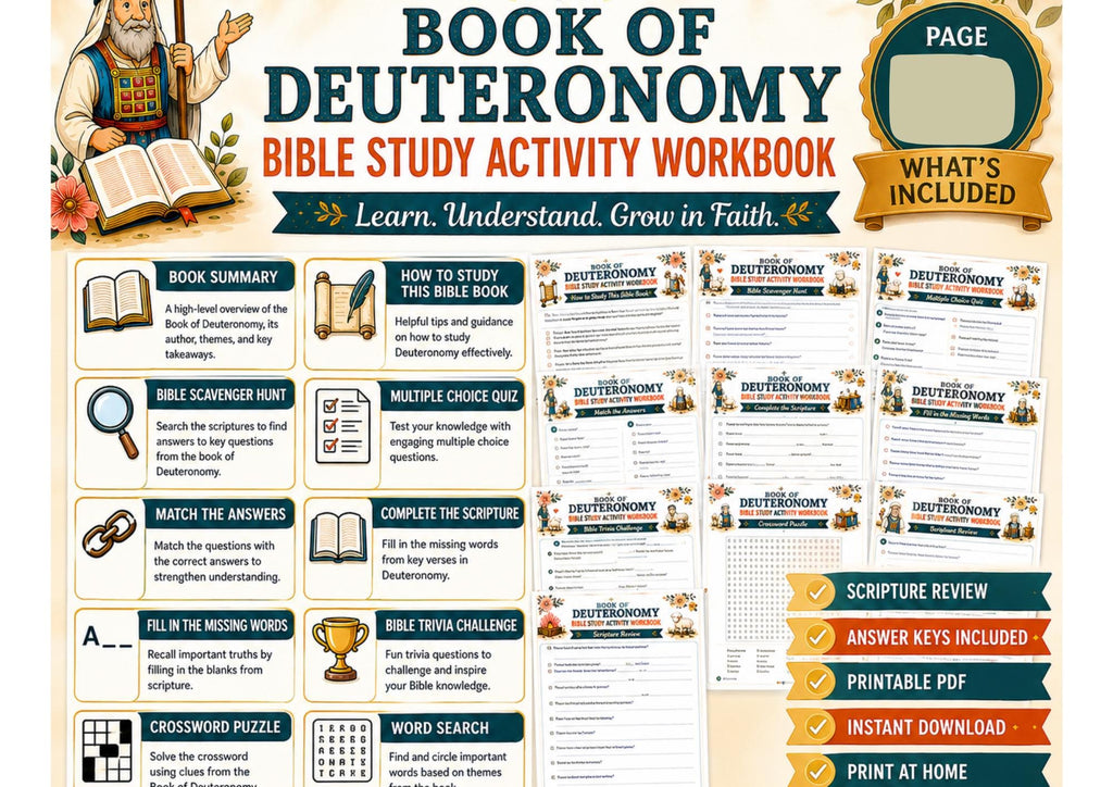 Deuteronomy Bible Study Workbook Bundle, Printable Activity Pages, Questions and Answers, Christian Bible Lessons, PDF Instant Download