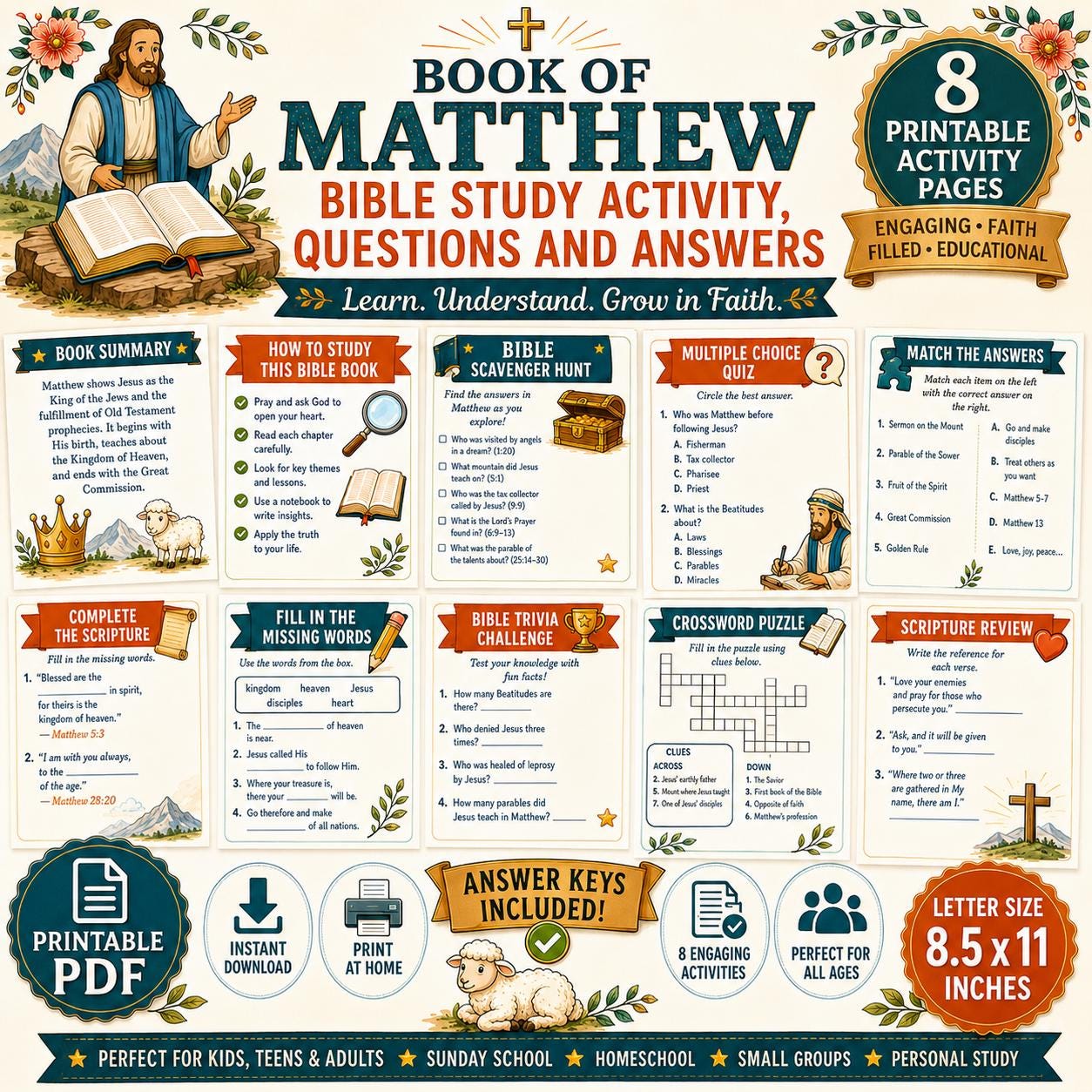 Book of Matthew Bible Study Activity Workbook, Questions and Answers, , Gospel of Matthew Worksheets, Sunday School Printable PDF  Bundle