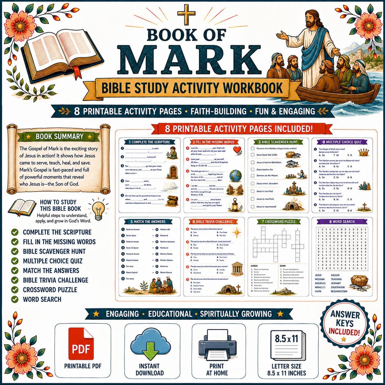 Book of Mark Bible Study Activity Workbook Bundle , Printable Christian Worksheets, Questions and Answers, Sunday School PDF