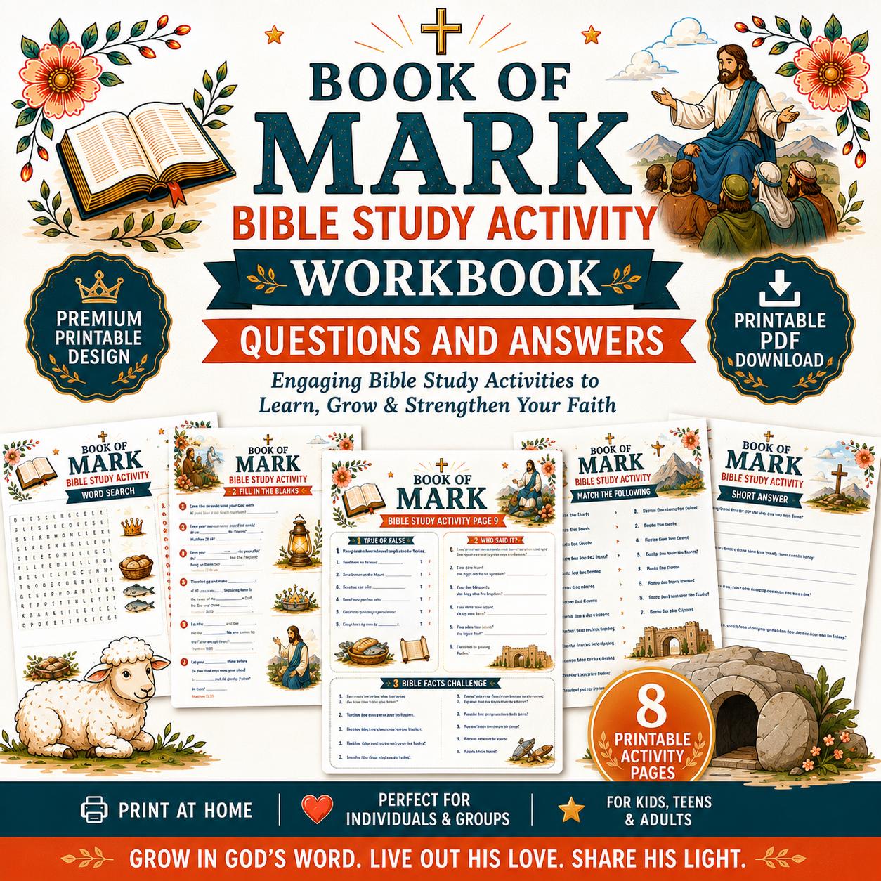 Book of Mark Bible Study Activity Workbook Bundle , Printable Christian Worksheets, Questions and Answers, Sunday School PDF