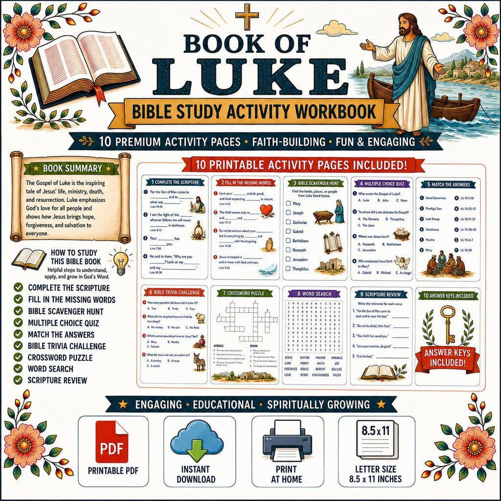 Book of Luke Bible Study Activity Workbook Bundle, Printable PDF, Worksheets,  Questions and Answers