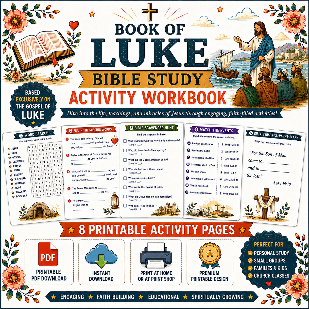 Book of Luke Bible Study Activity Workbook Bundle, Printable PDF, Worksheets,  Questions and Answers