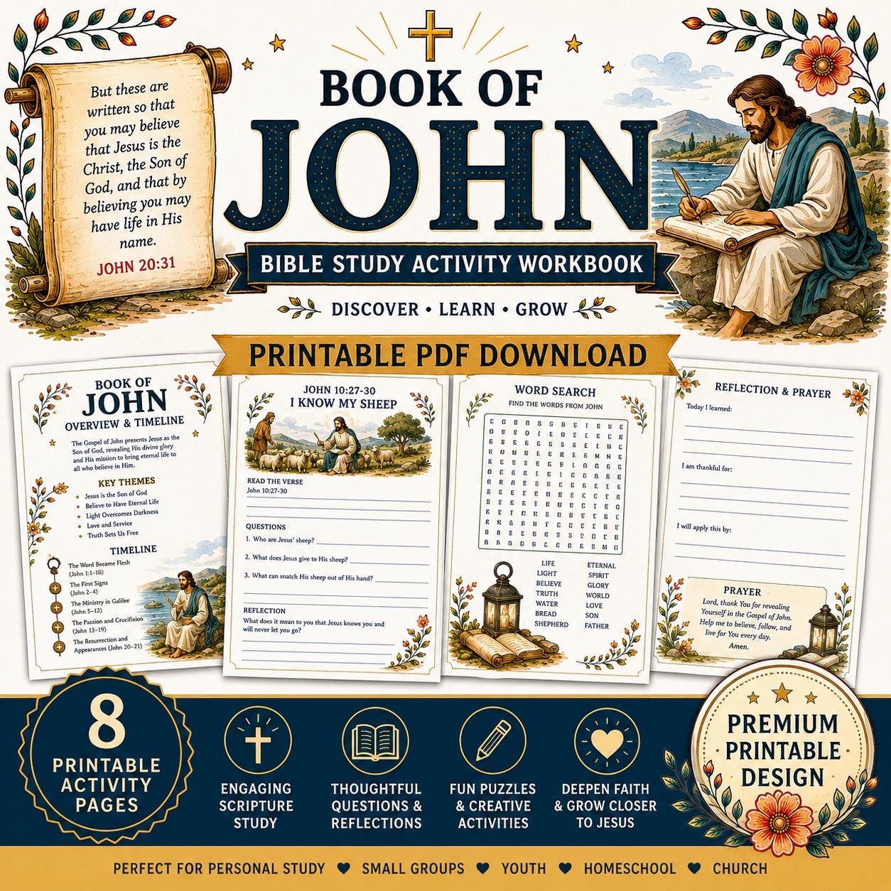 Book of John Bible Study Activity Workbook, Printable Christian Worksheets, Gospel of John  Bible Lessons, PDF Download with Answer Keys