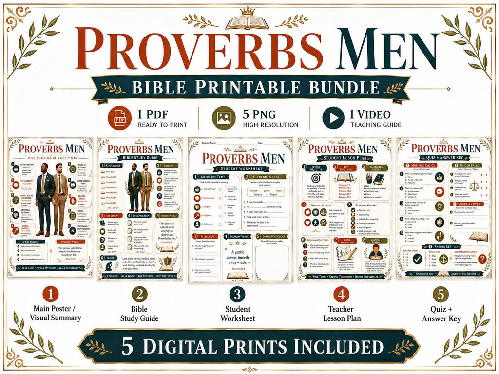 Proverbs Men Bible Study Bundle, Christian Poster, Worksheet, Teacher Lesson, Study Guide, Quiz, (PDF PNG MP4 Downloads)