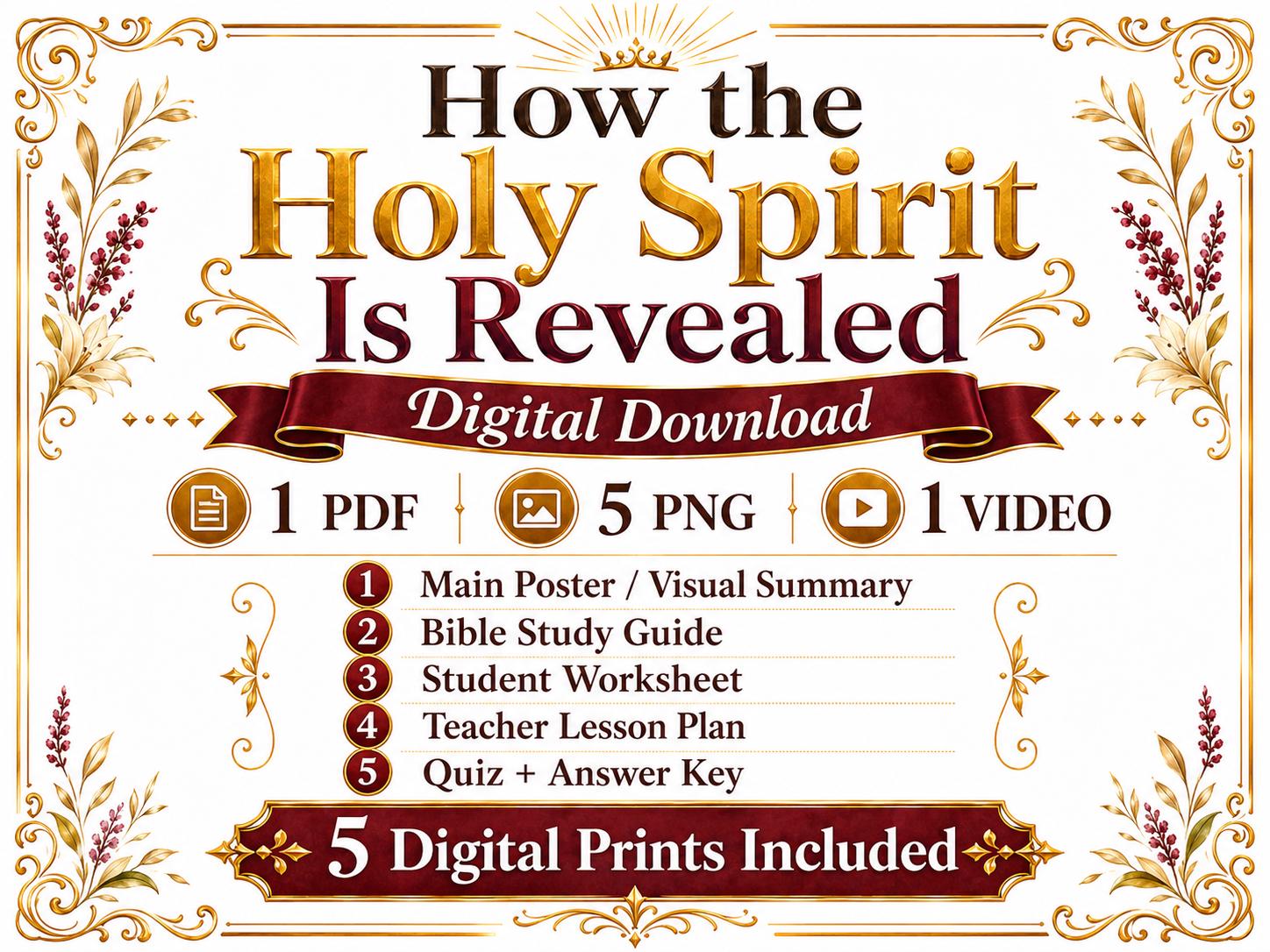 How the Holy Spirit Is Revealed Bible Study Bundle, Christian Poster, Worksheet, Teacher Lesson, Guide, Quiz, (PDF PNG MP4 Downloads)