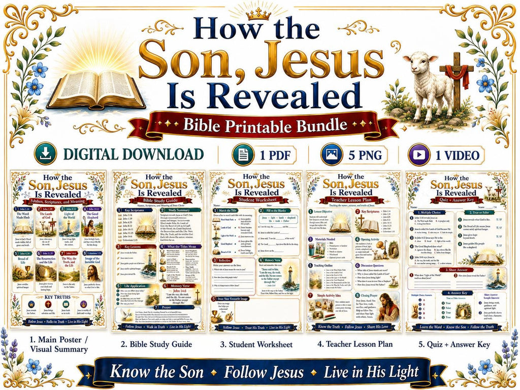 How The Son Jesus Is Revealed Bible Study Bundle, Christian Poster, Worksheet, Teacher Lesson, Guide, Quiz, (PDF PNG MP4 Download)
