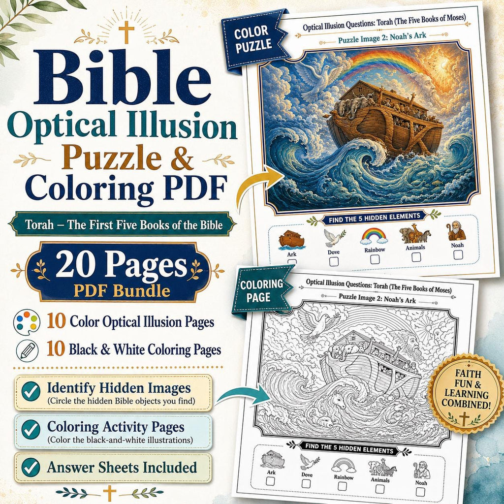 Bible Torah Optical Illusion Puzzle & Coloring Book PDF,  Hidden Picture Activity, Sunday School Printable, 20-Page Digital Download