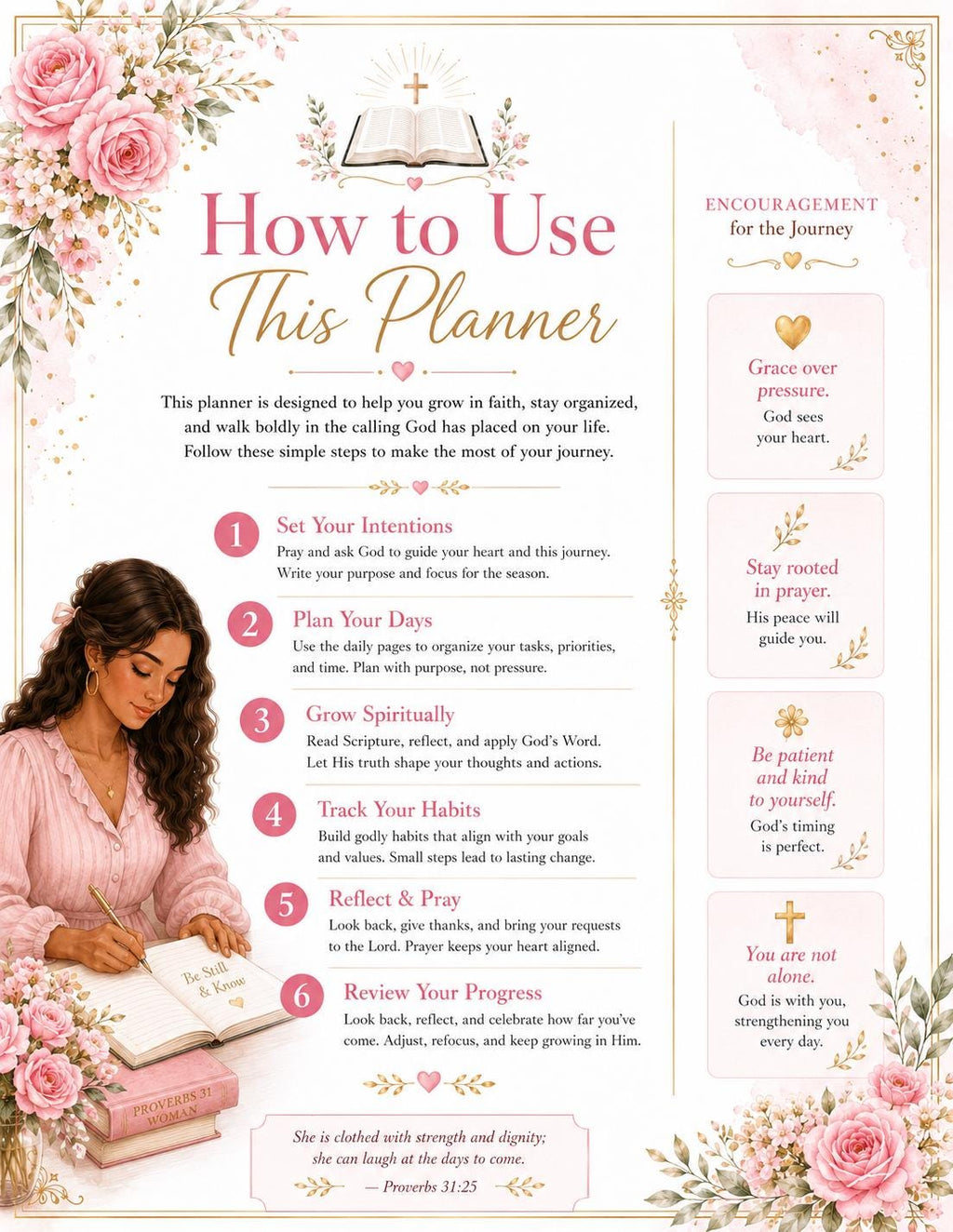 Proverbs 31 Woman Planner Printable,  Daily, Monthly,  Planner,  Journal, Habit Tracker, Prayer and Goal Planner (PDF 10 pages)