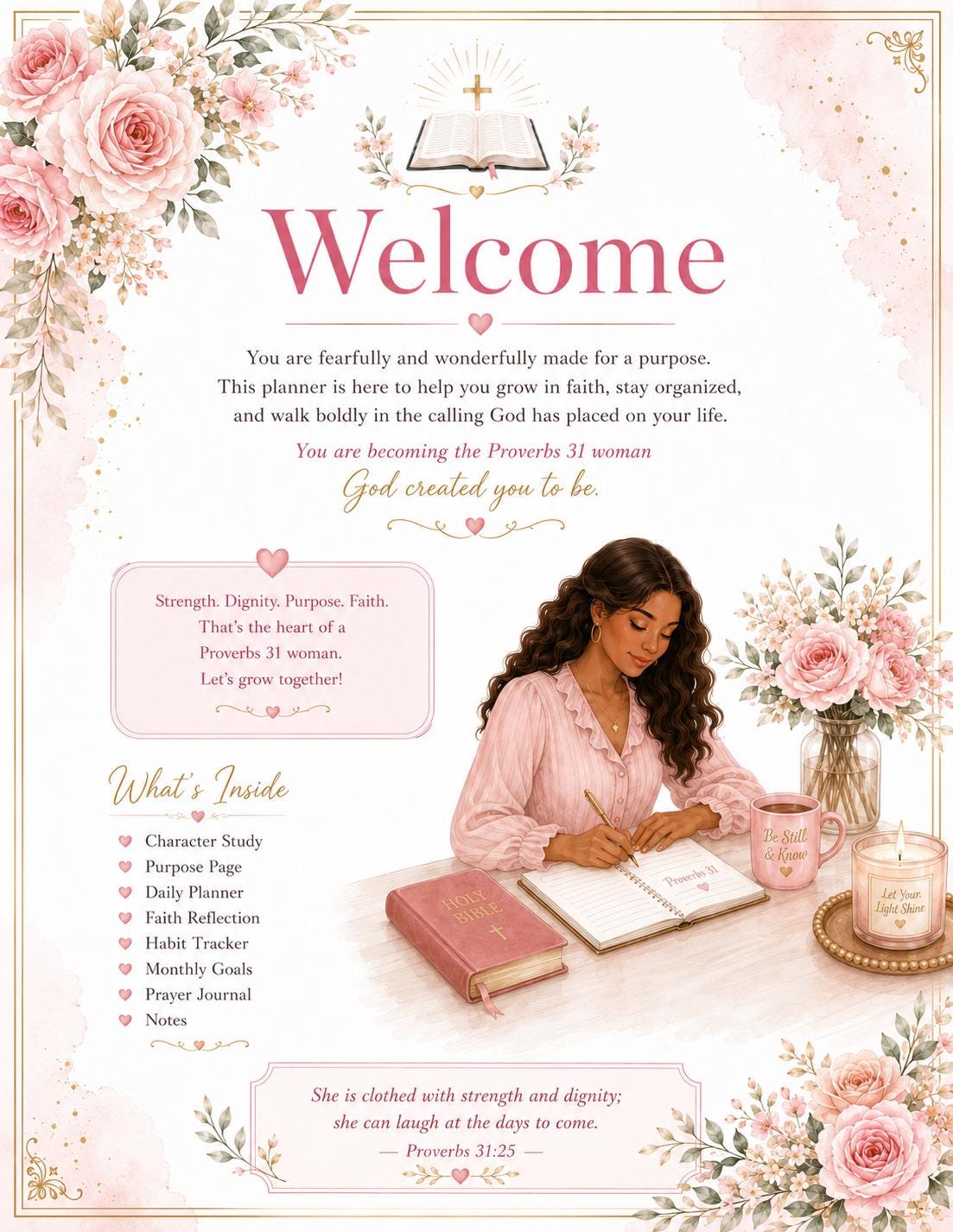 Proverbs 31 Woman Planner Printable,  Daily, Monthly,  Planner,  Journal, Habit Tracker, Prayer and Goal Planner (PDF 10 pages)
