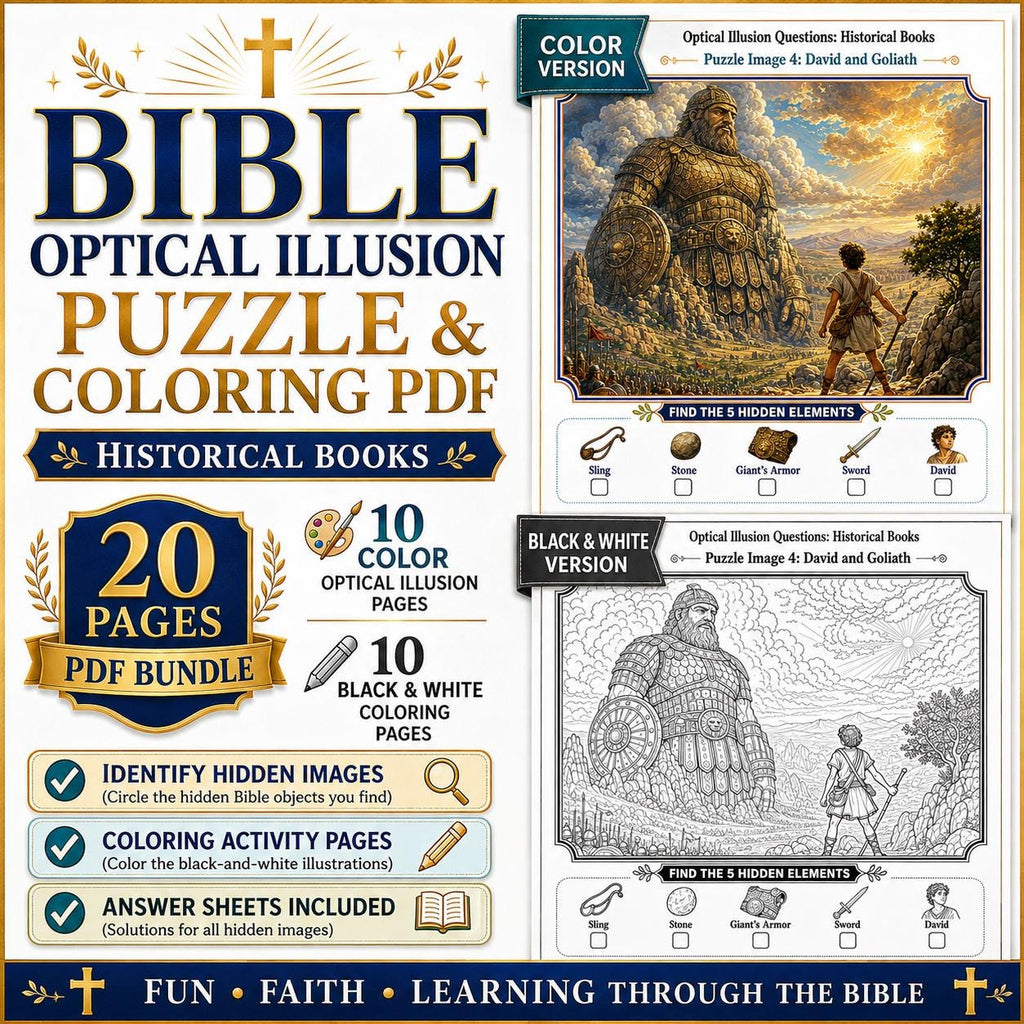 Bible Historical Books Optical Illusion Puzzle & Coloring Book PDF,  Hidden Picture Activity, Sunday School Printable, 20 Page Bundle