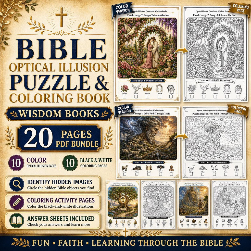 Bible Wisdom Books Optical Illusion Puzzle & Coloring Book PDF,  Hidden Picture Activity, Sunday School Printable, 20 Page Bundle