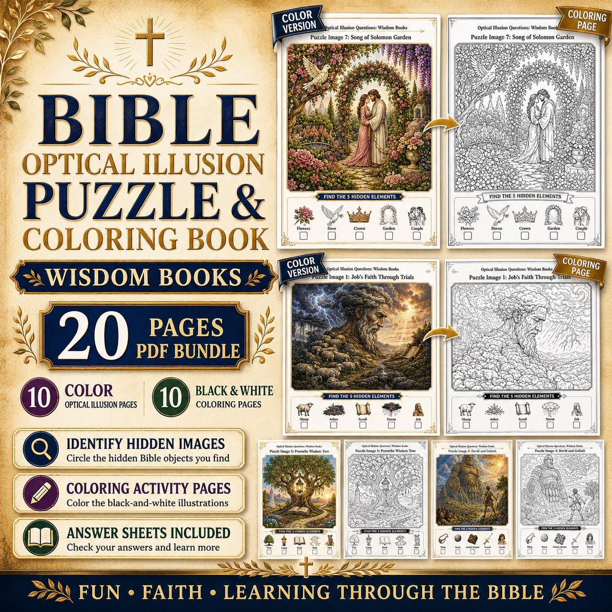 Bible Wisdom Books Optical Illusion Puzzle & Coloring Book PDF,  Hidden Picture Activity, Sunday School Printable, 20 Page Bundle