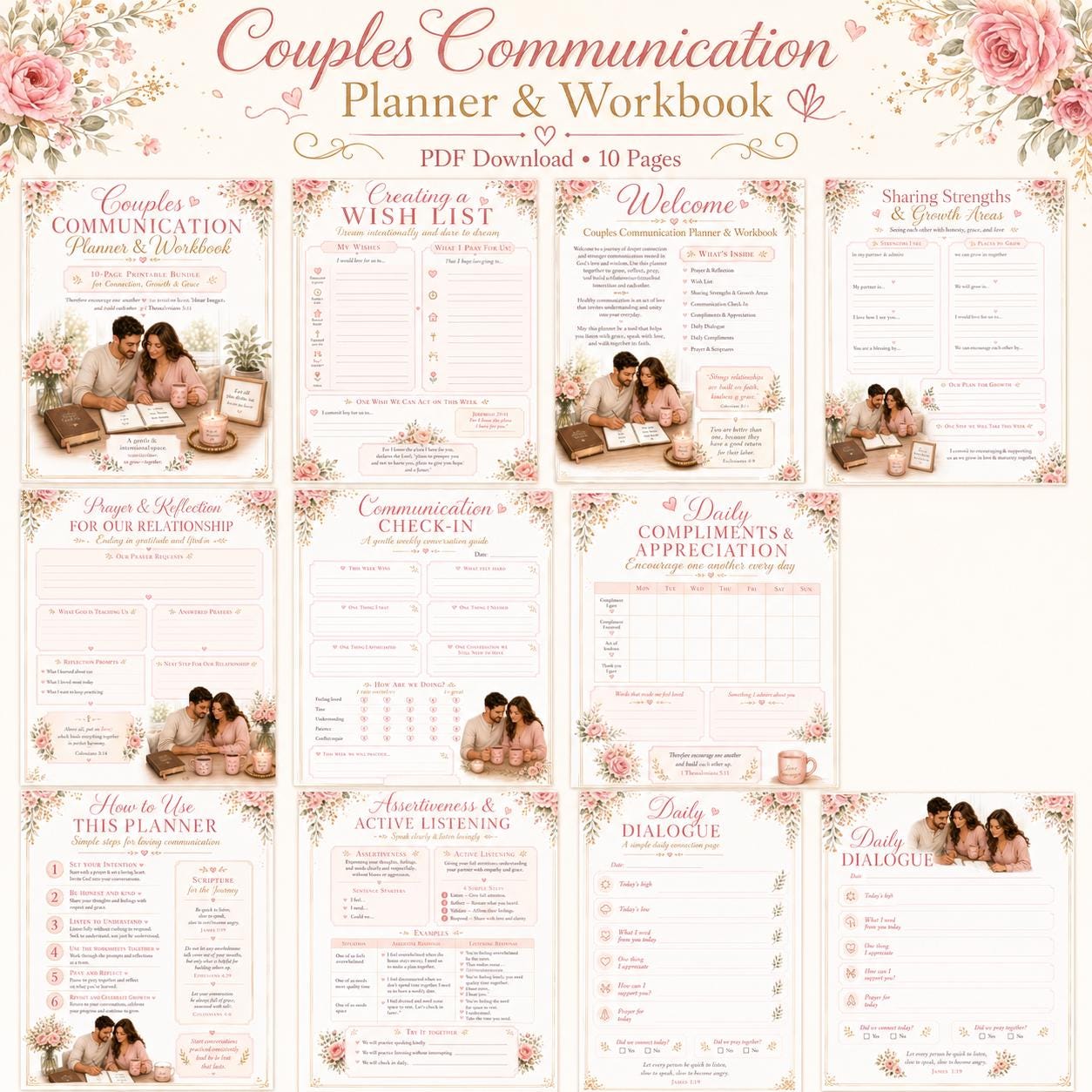 Couples Communication Planner and Workbook, Christian Marriage Worksheets, Active Listening, Relationship Check-In, (PDF Printable)